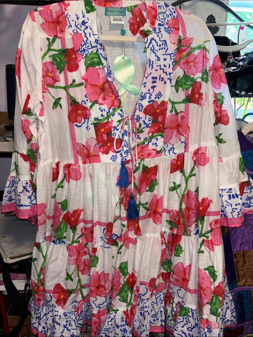ANTICA SARTORIA…NWTS…RED PINK WHITE FLORAL COTTON TIERED DRESS BELL SLEEVES
